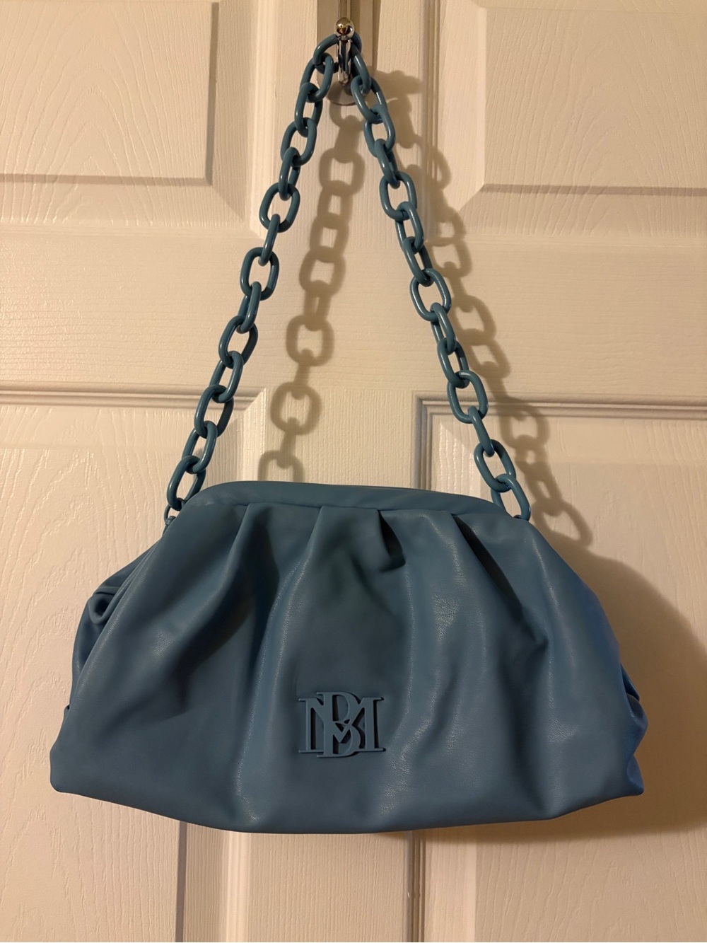 Badgley Mischka Blue Wrapped Frame Dumpling Pouch Bag Chunky Chain NWOT